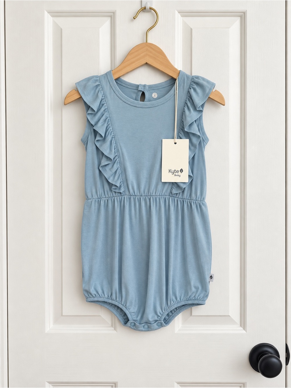 Kyte Baby 4T Dusty Blue Ruffle Bubble Romper Bamboo NWT